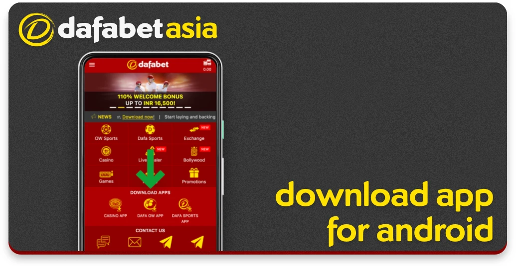 Dafabet की मोबाइल साइट का अनुभाग, जहां आप Android ऐप डाउनलोड कर सकते हैं