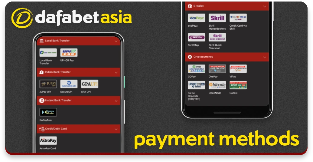 Dafabet ऐप में उपलब्ध भुगतान विधियों की सूची