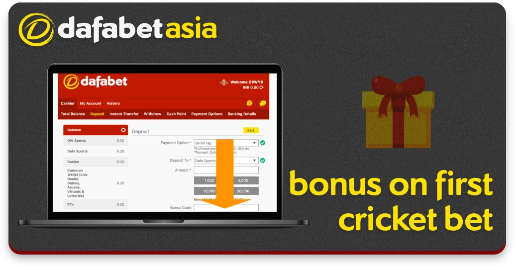 Field for entering a promo code when depositing money in Dafabet