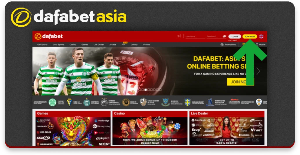 Registration button on the Dafabet home page