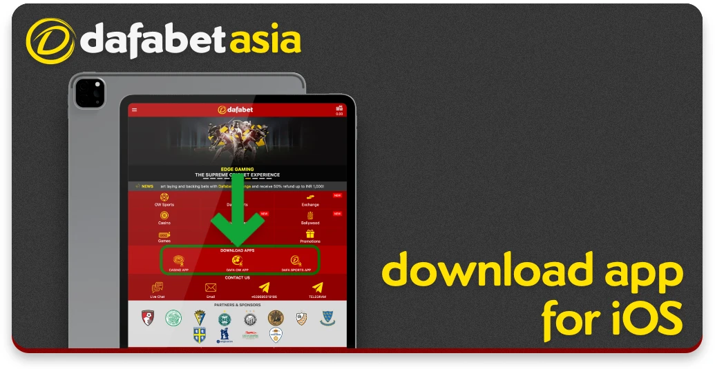 Seção da versão móvel do site, onde é possível fazer o download do aplicativo Dafabet para iOS