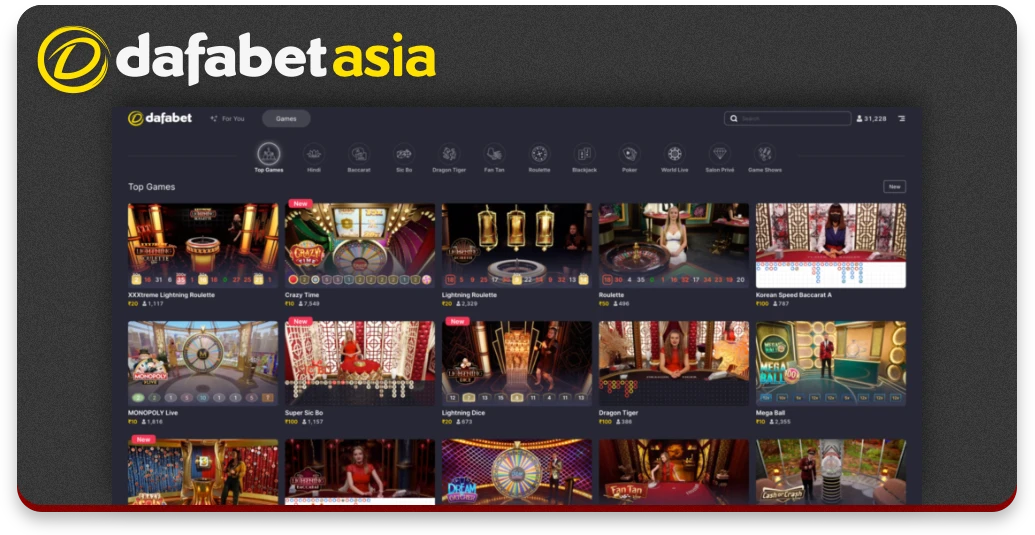 List of sections and games at Dafabet live casino